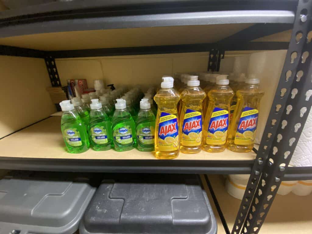Dish soap unpacked in the storage area.